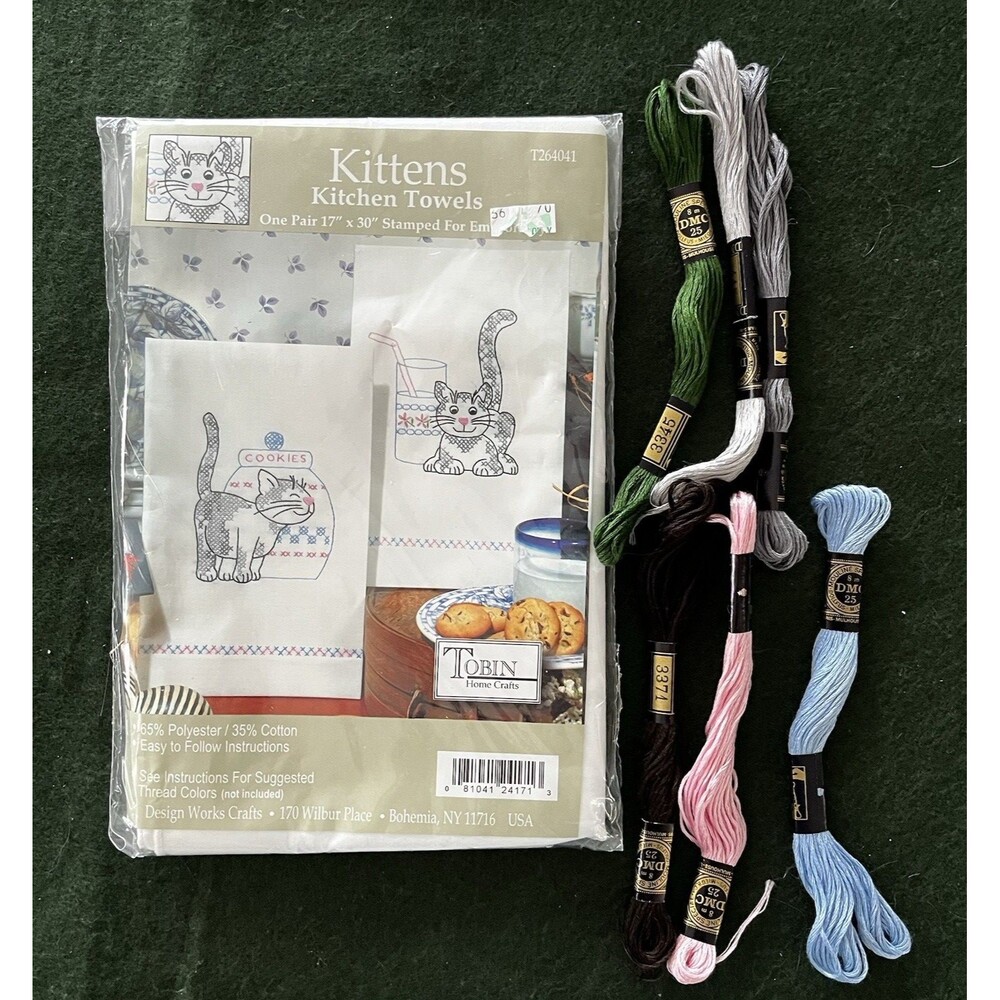 Tobin Stamped For Embroidery KITTENS Kitchen Towel Set of 2 + Threads Included